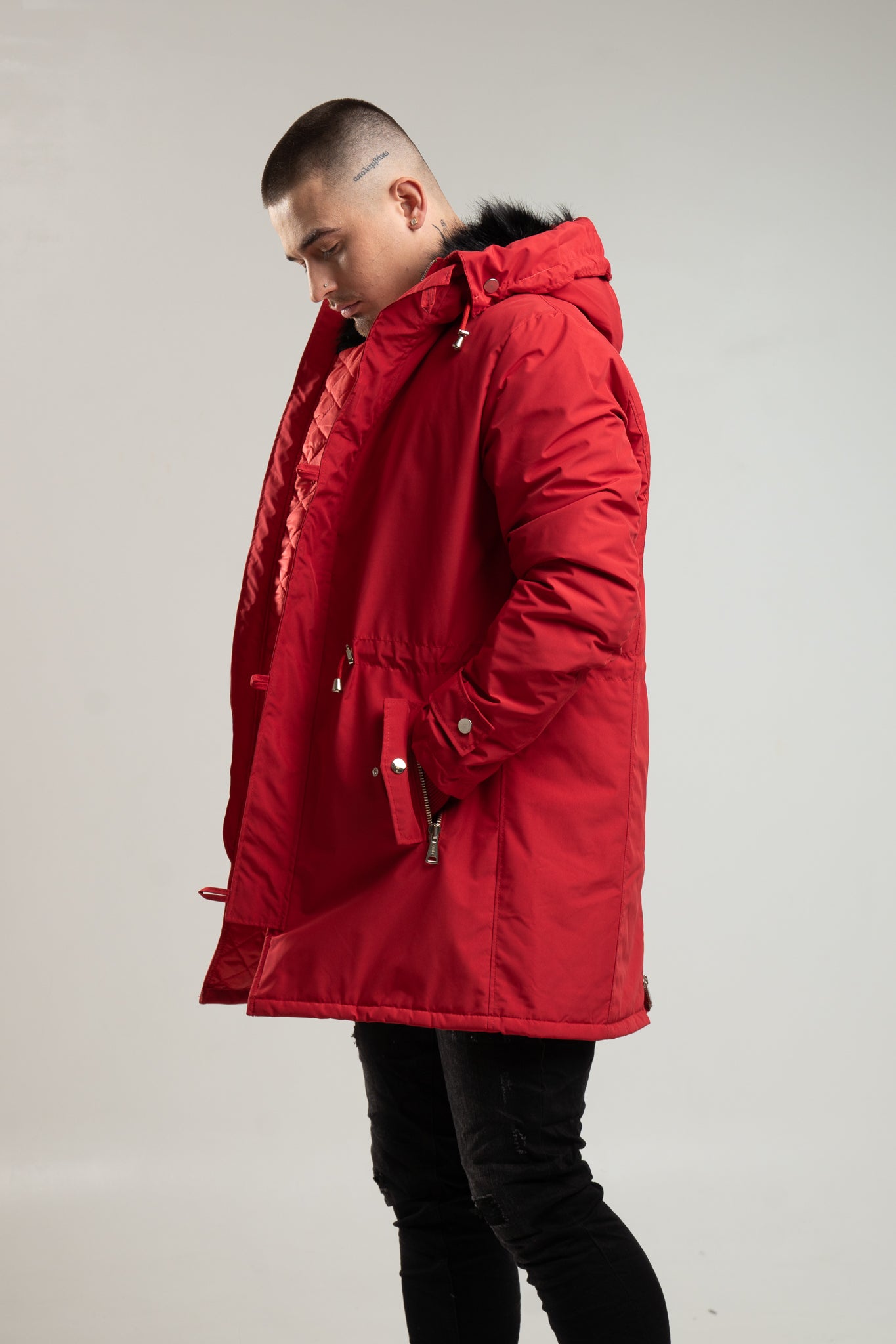 Czerwona parka męska o kroju slim-fit z kapturem