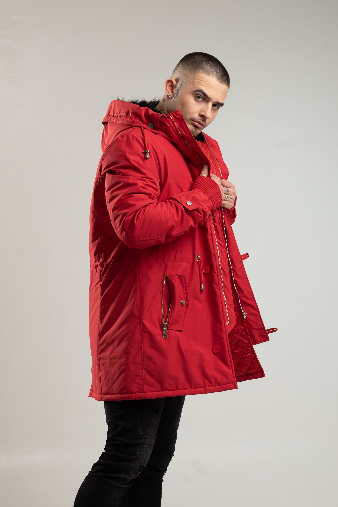 Czerwona parka męska o kroju slim-fit z kapturem