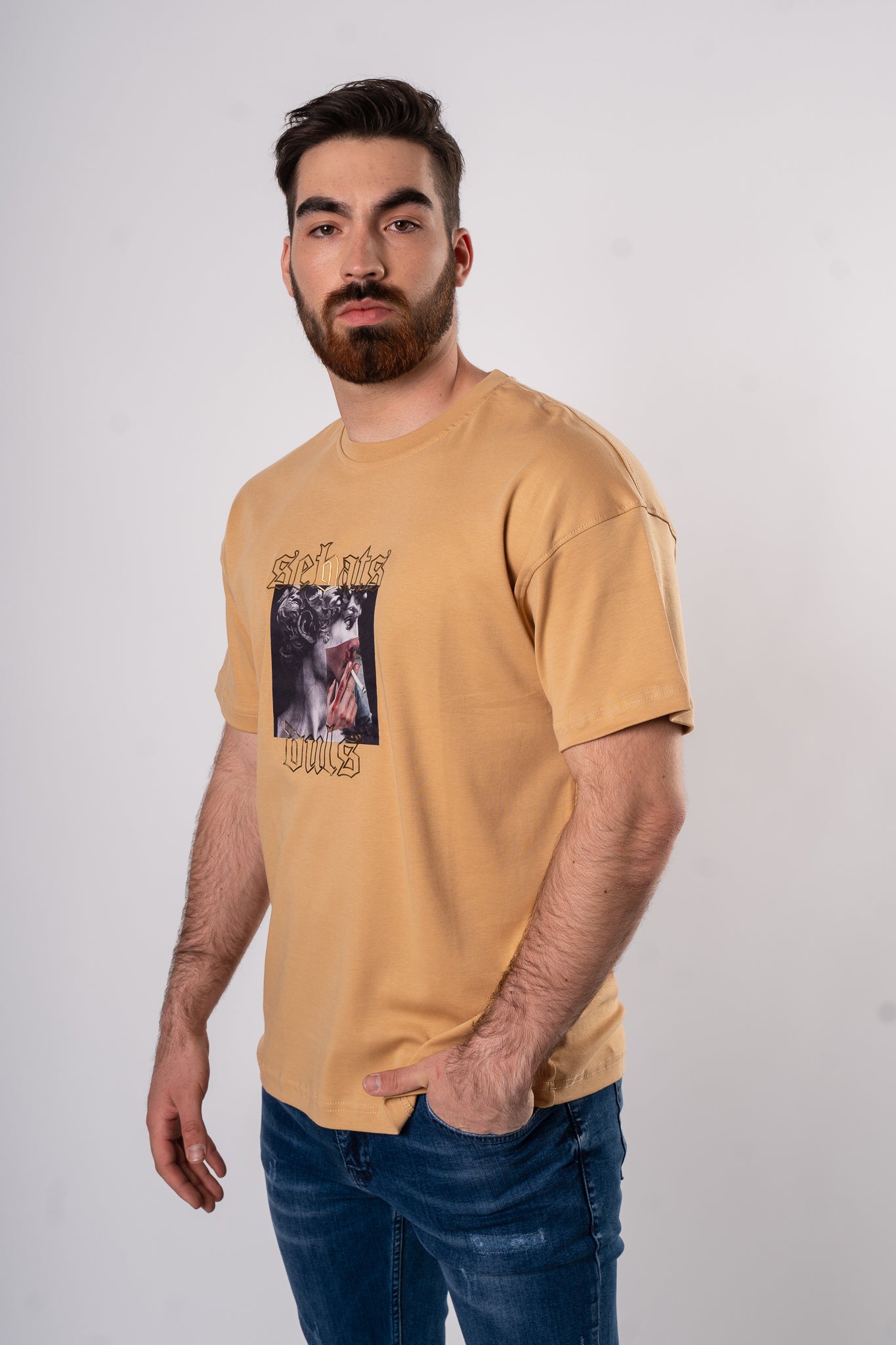 Koszulka Oversize "Smoke" - musztardowa