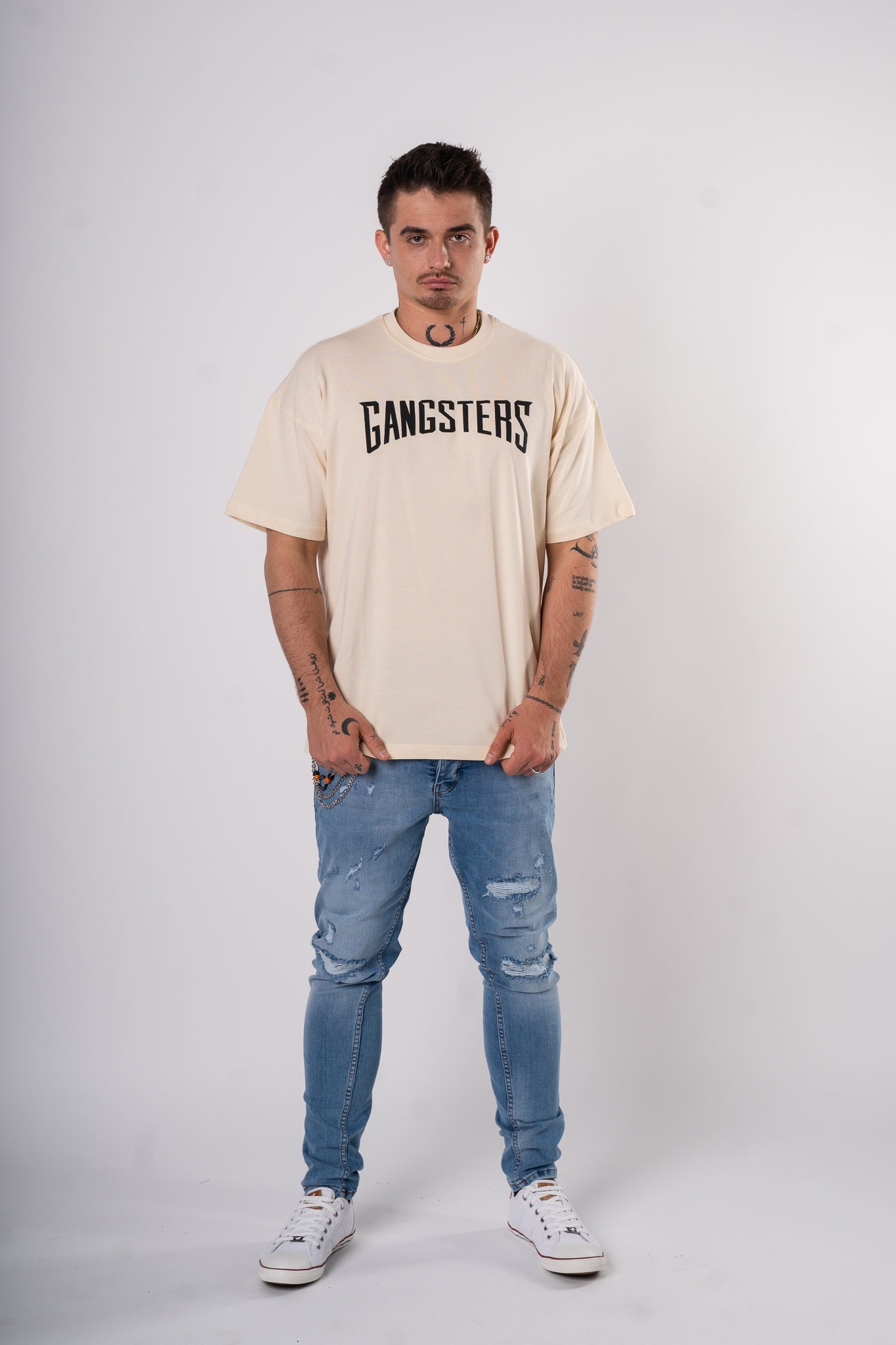 Koszulka Oversize "Gangsters" - kremowy