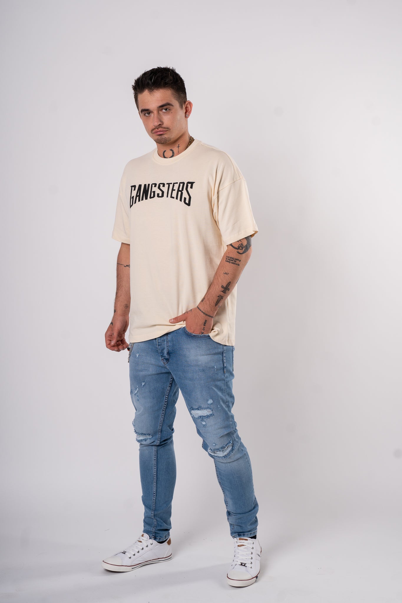 Koszulka Oversize "Gangsters" - kremowy