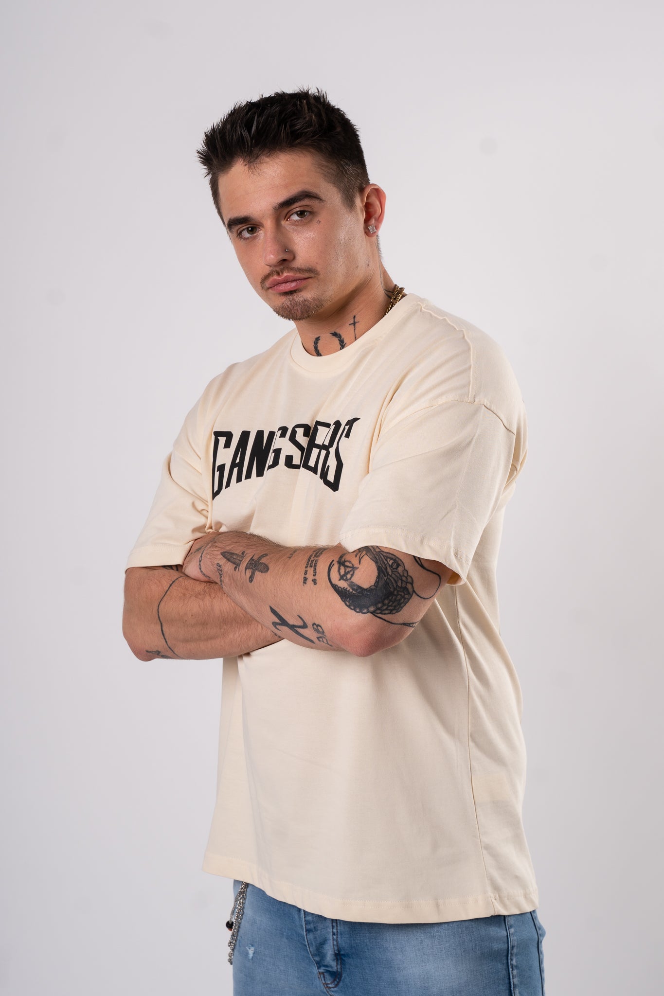 Koszulka Oversize "Gangsters" - kremowy