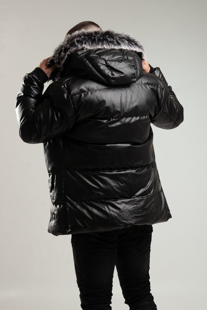 Pikowana, czarna kurtka męska typu parka z kapturem