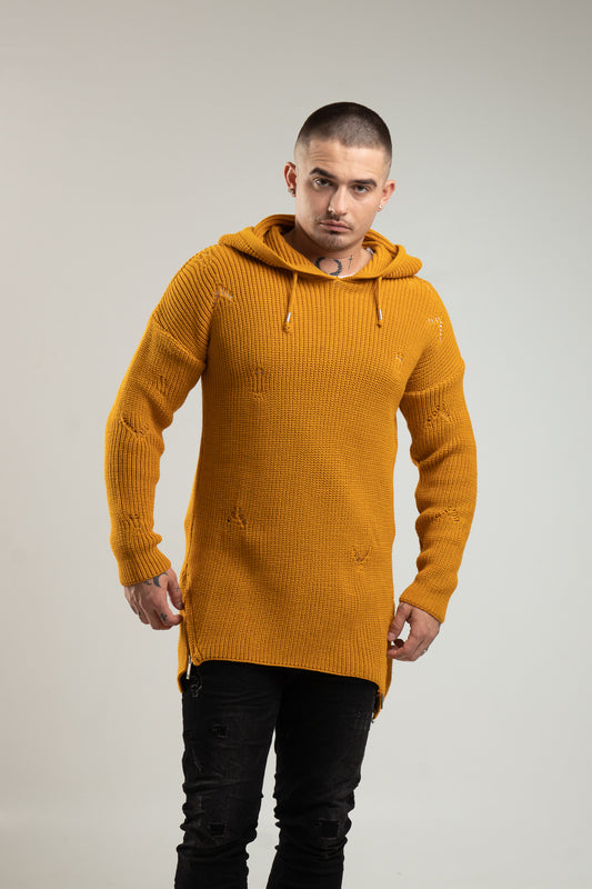 Musztardowy sweter męski z ozdobnymi zamkami