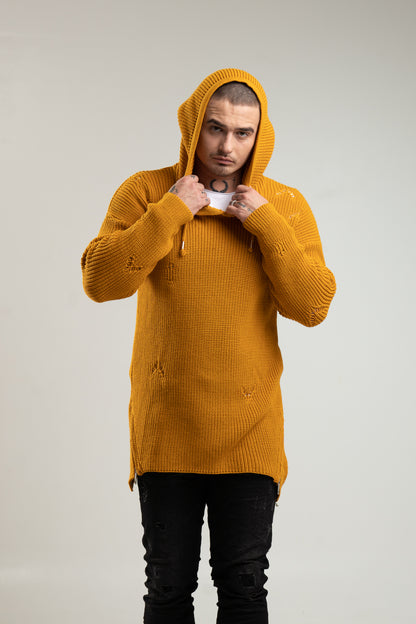 Musztardowy sweter męski z ozdobnymi zamkami